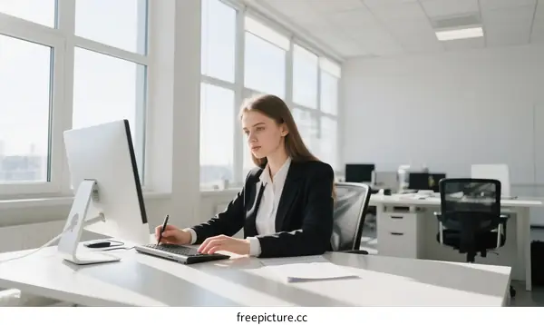 Professional woman working at desk with computer in office