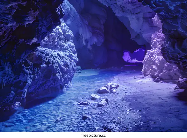 Illuminated Cave with Blue Water