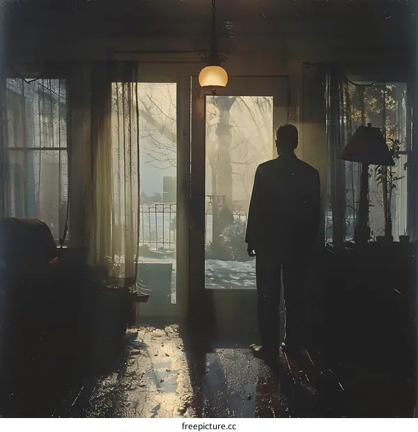 Man standing in a flooded living room looking out at a snowy backyard