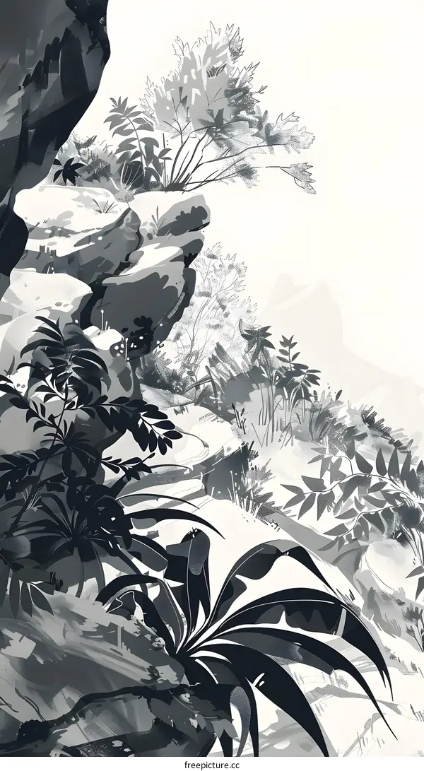 Black and White Illustration of Tropical Landscape with Rocks