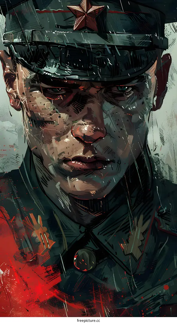 Portrait of a soldier wearing a military hat with a red star