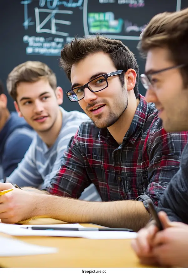 Group of young caucasian men in a classroom setting