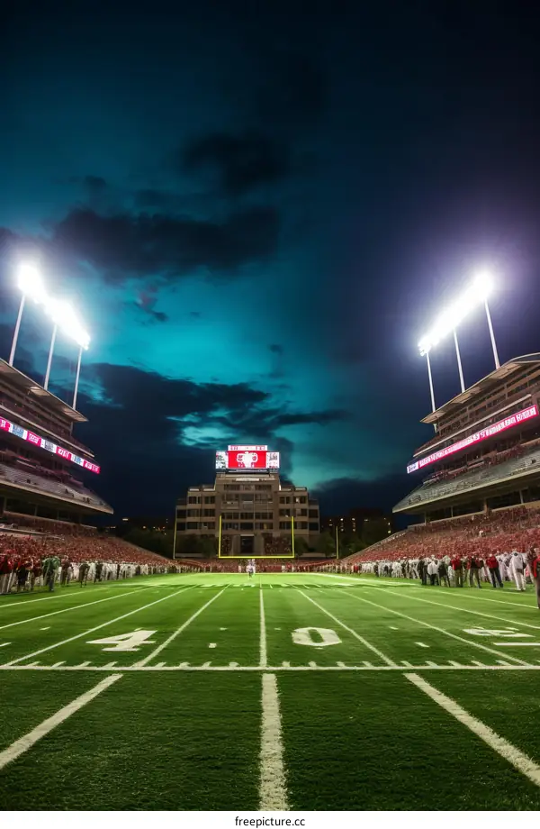 American football game at night in a large stadium
