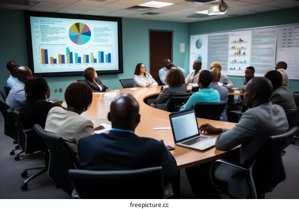 A group of people are sitting in a conference room looking at a presentation.
