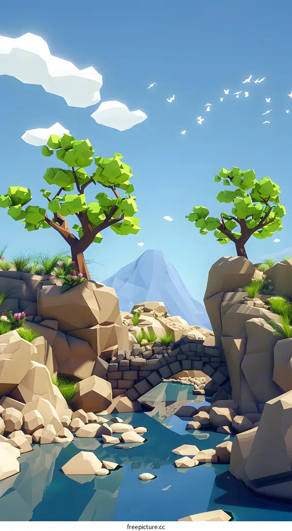 Low Poly Landscape Illustration of Mountains, Trees, and Sky