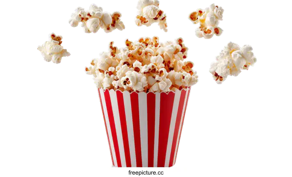 [Transparent Background PNG]Popcorn in a red striped box with flying popcorn