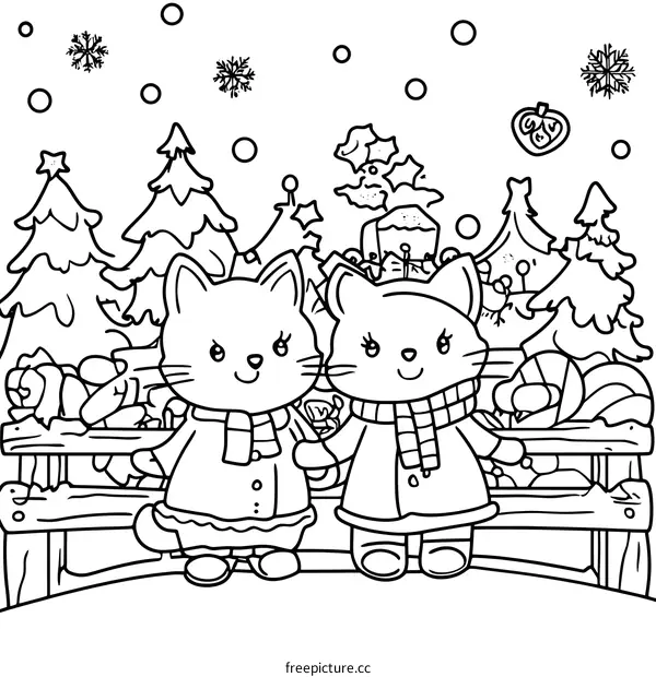 Two Cute Cats In Winter Wonderland Christmas Scene