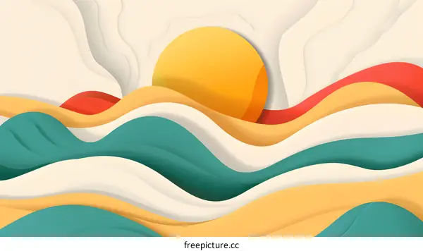 Abstract Paper Cut Style Background With Sun And Waves