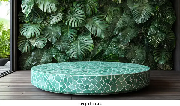 Tropical Green Round Display Stand with Lush Plants
