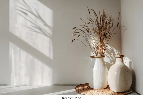 White Vases With Dried Flowers and Sunlight