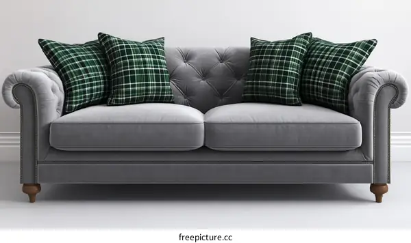 Classic Gray Sofa with Green Plaid Cushions