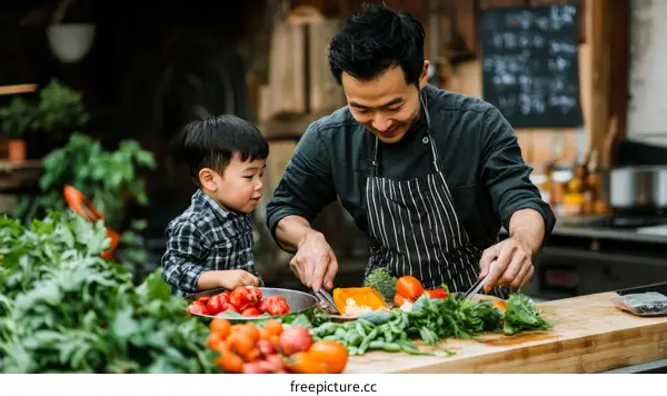 Father and Son Cooking Together in a Kitchen