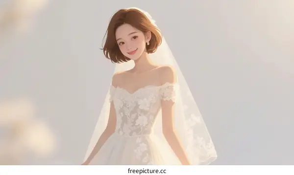 Beautiful Young Woman Wearing White Wedding Dress with Veil