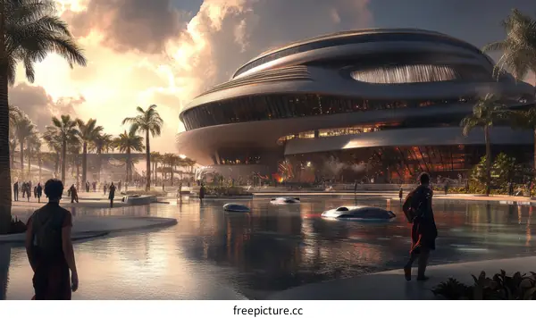 Futuristic Architecture with Tropical Landscaping and People