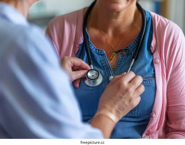 Doctor using stethoscope to check patient's heartbeat