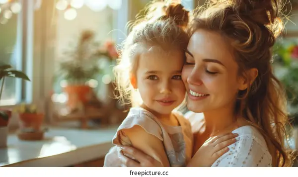 Mother and Daughter Embrace Affectionately Indoors