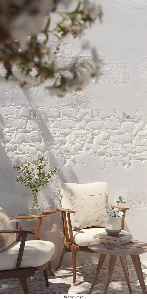 Minimalist White Wall With Wooden Chairs and Flowers