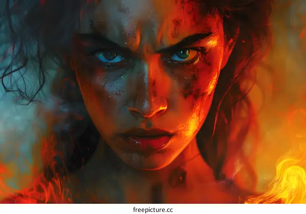 Portrait of a fierce looking woman with green eyes and dark hair