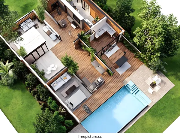 Modern House Plan With Swimming Pool and Garden