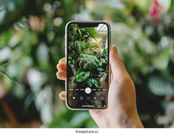 Hand Holding Phone Taking Picture of Plants