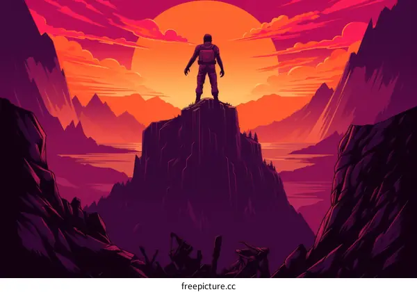 man standing on a cliff overlooking a lake and mountains during sunset