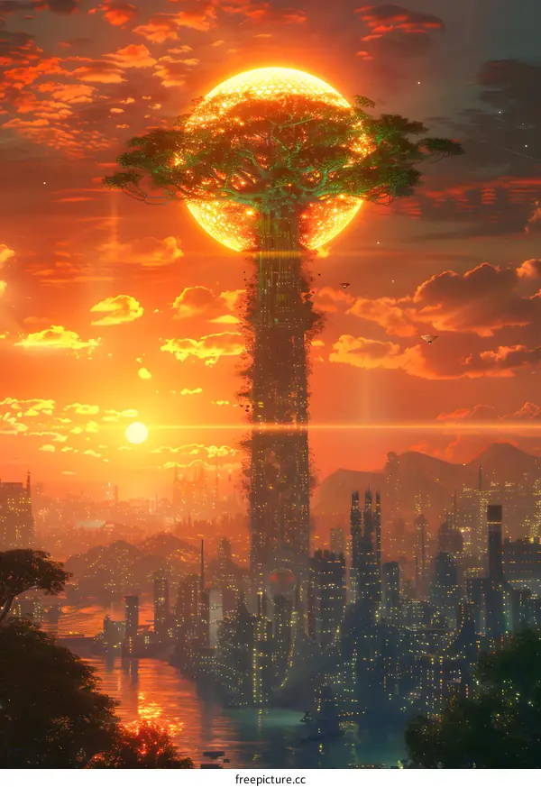 futuristic city with a giant tree in the middle