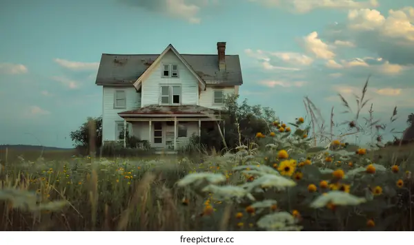 old abandoned house in field overgrown with weeds and wildflowers under stormy sky