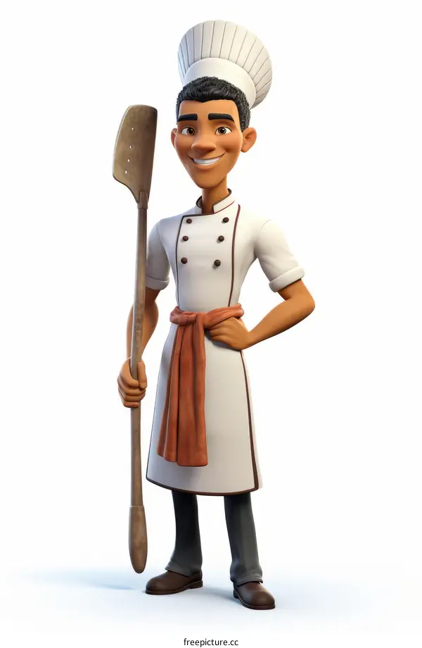A cartoon chef holding a large wooden spatula