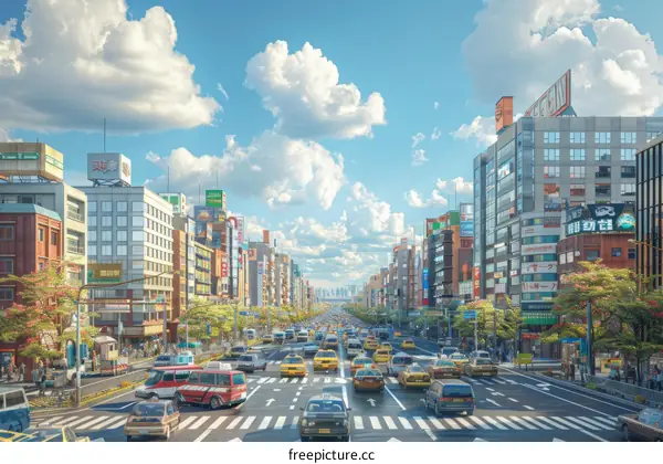 Busy City Street with Cars and People