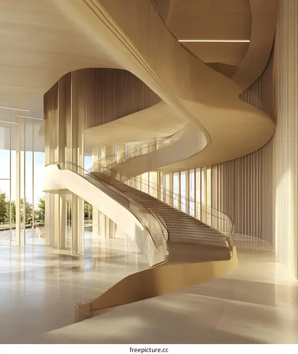 Modern Wooden Staircase in a Building with a Curved Design