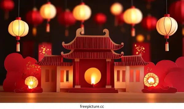 Chinese New Year Paper Cut Architecture Scene
