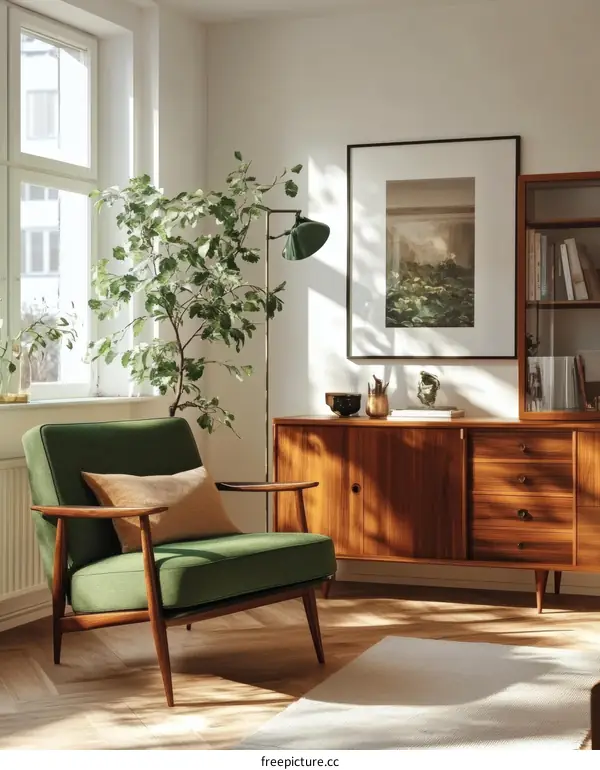 Modern Living Room with Green Chair and Wooden Cabinet
