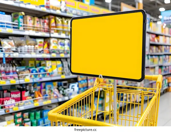 Yellow Shopping Cart With Blank Sign In Grocery Store