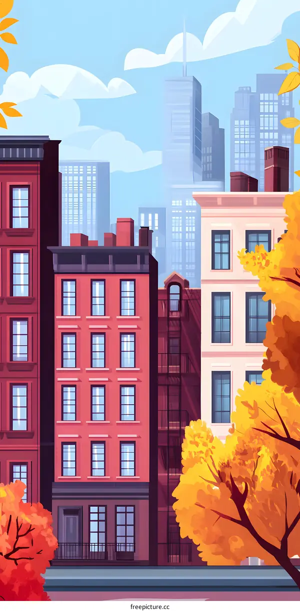 Autumn Cityscape with Colorful Buildings and Trees