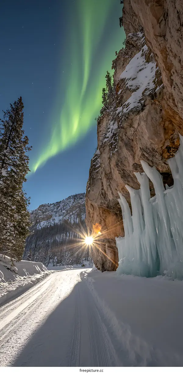 Aurora Borealis Over Snowy Mountain Pass