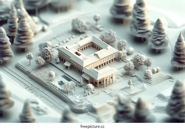 Minimalist White Paper Model of a Building with Trees and a Pool