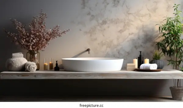 Bathroom interior with wood vanity and marble wall tiles