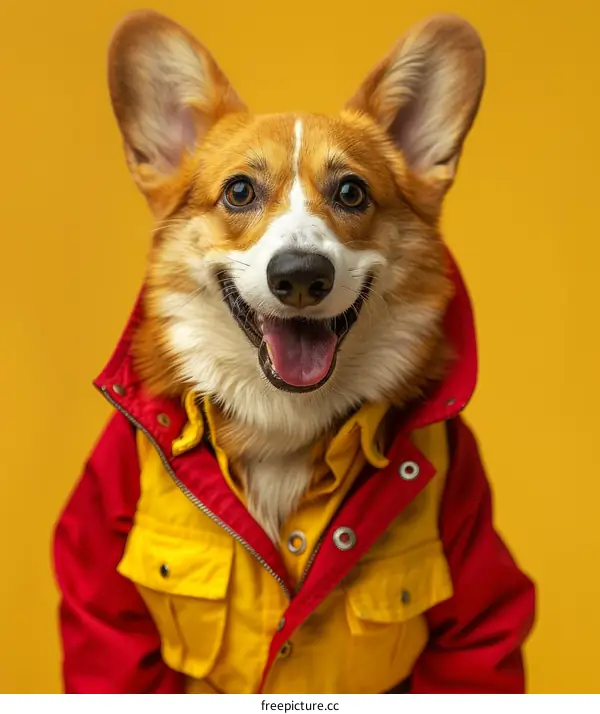 A happy corgi dog wearing a red and yellow jacket