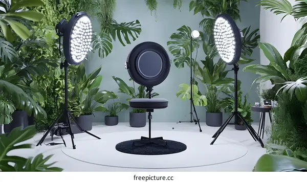 Green Plants Surround a Studio Photography Setup with a Chair and Lights