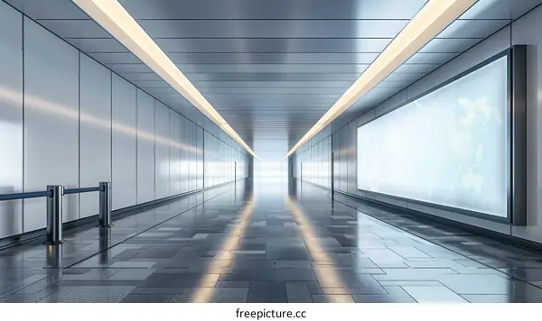 Futuristic empty corridor interior with bright lights