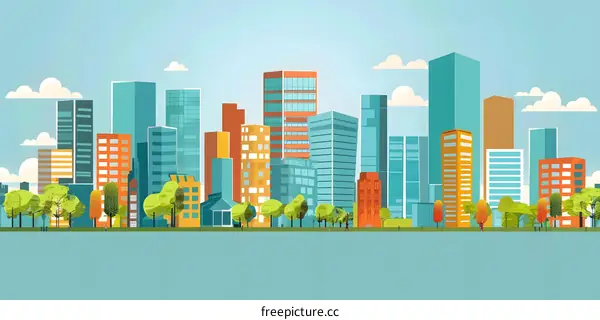 Modern City Skyline Illustration with Trees and People
