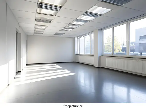 Empty Office Room With Large Windows and Sunlight Streaming In
