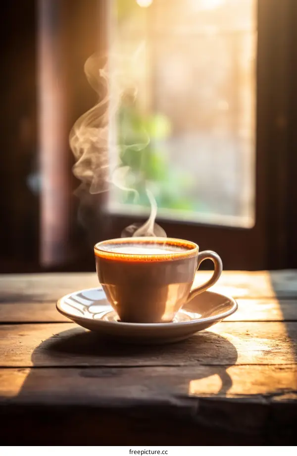 A cup of coffee on a wooden table by the window