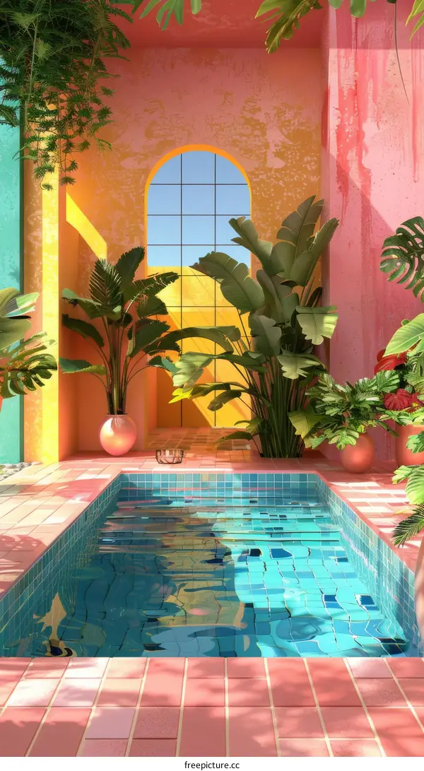 Pink and yellow room with a pool