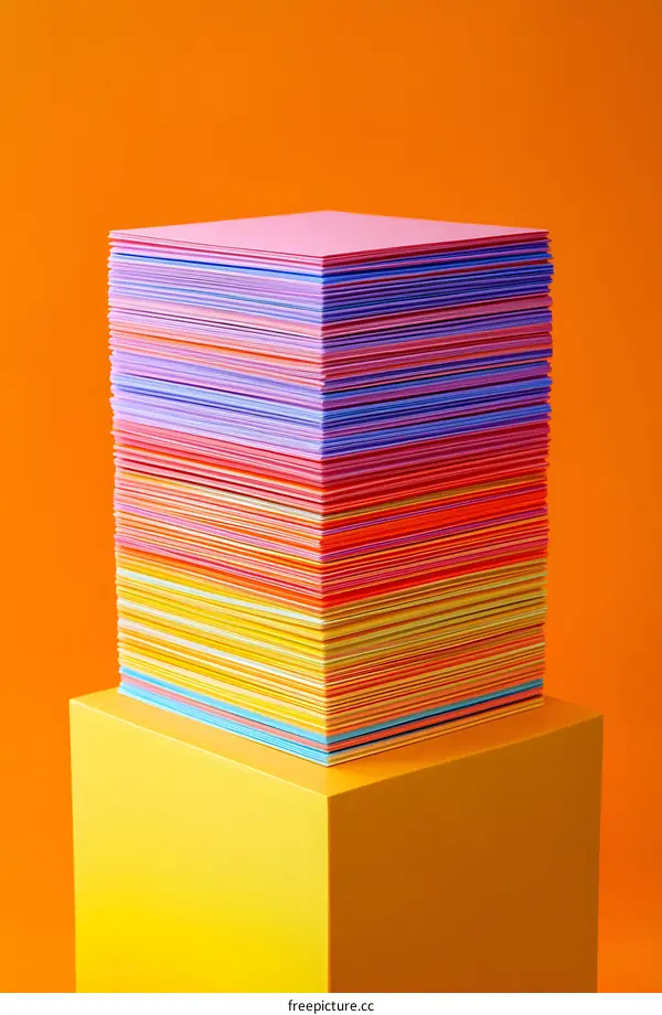 Stack of Colorful Papers on Yellow Platform Against Orange Background