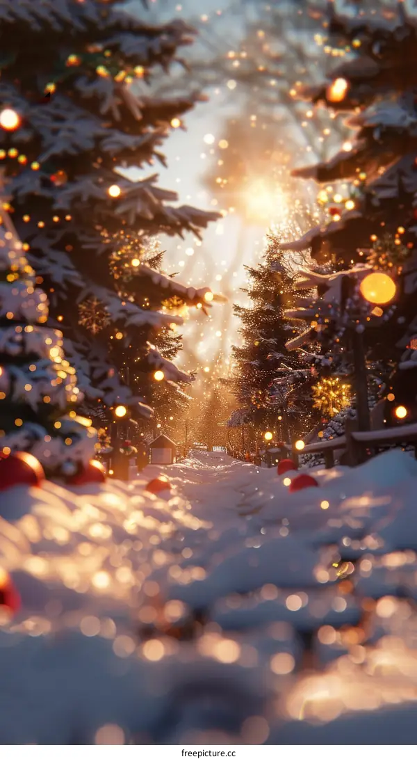 Winter Wonderland with Christmas Lights and Snow