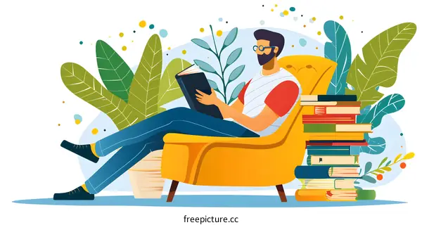 Man Reading Book in Armchair With Stack of Books