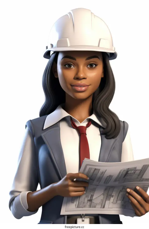 Black woman wearing hard hat and holding blueprints
