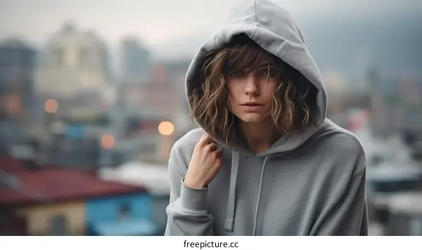 Young Woman in Hoodie with Serious Expression