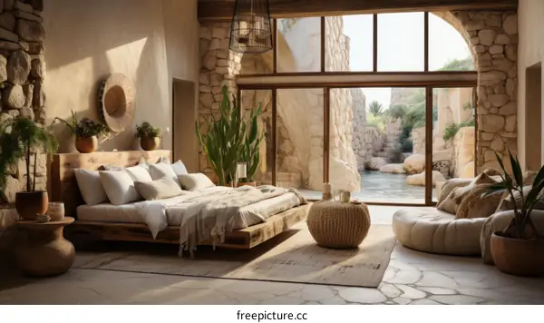Modern bedroom interior with a large bed, sitting area, and stone walls with huge windows